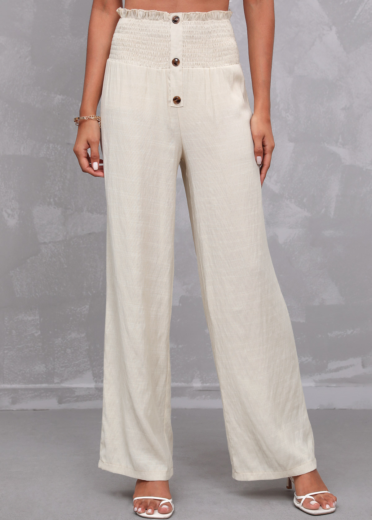 Smocked Stringy Selvedge Decorative Button Beige Pants