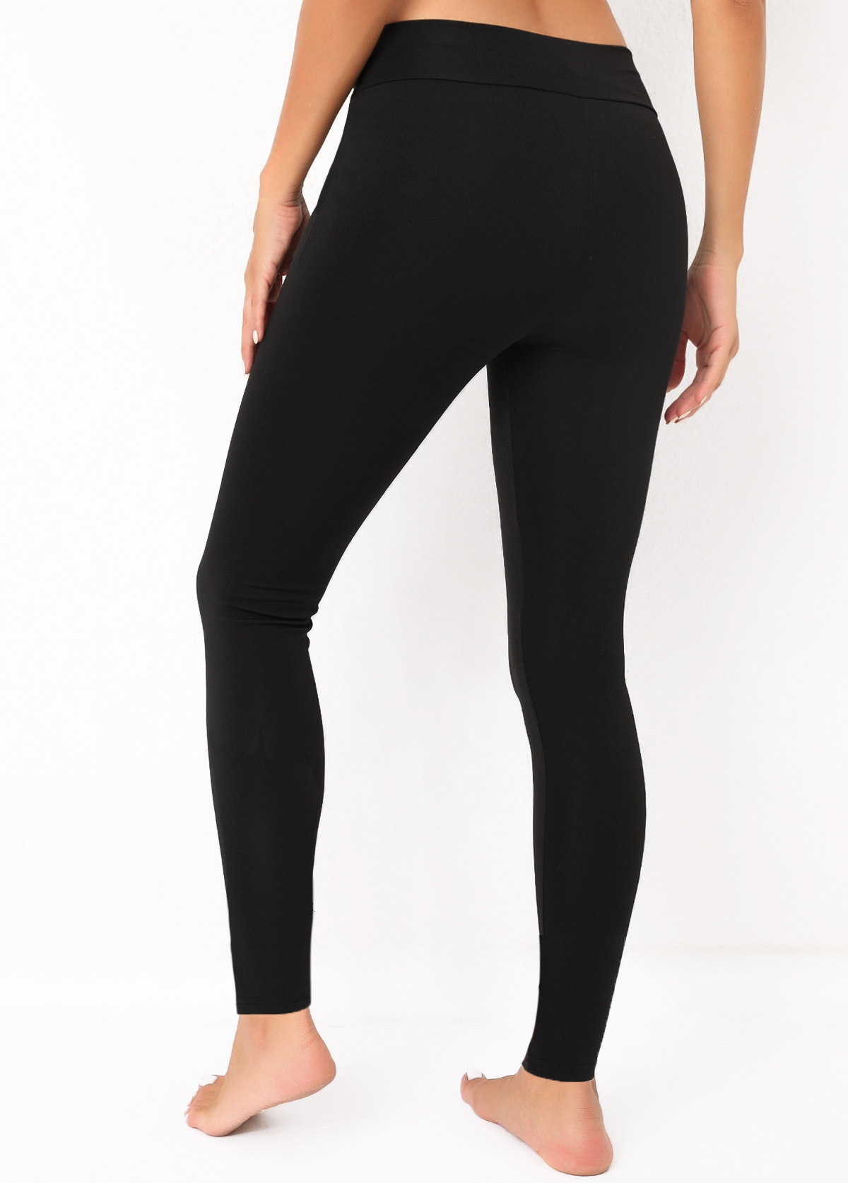 Pocket Elastic Waist Black Mid Waisted Leggings