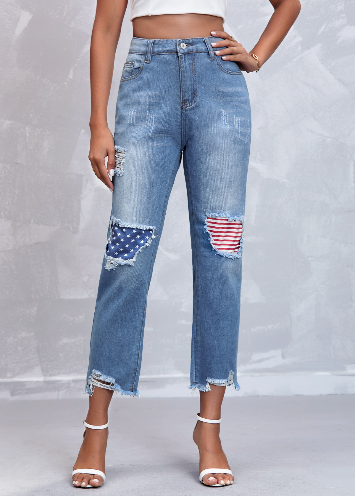 Denim Blue American Flag Print High Waisted Jeans