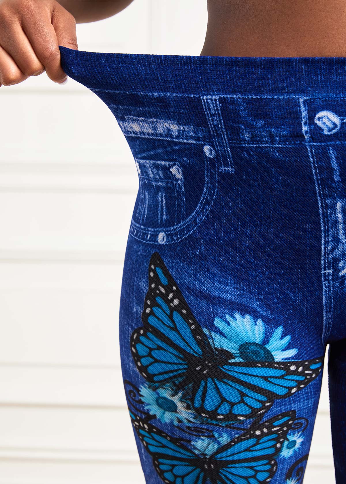 Butterfly Print Blue Elastic Detail High Waisted Leggings