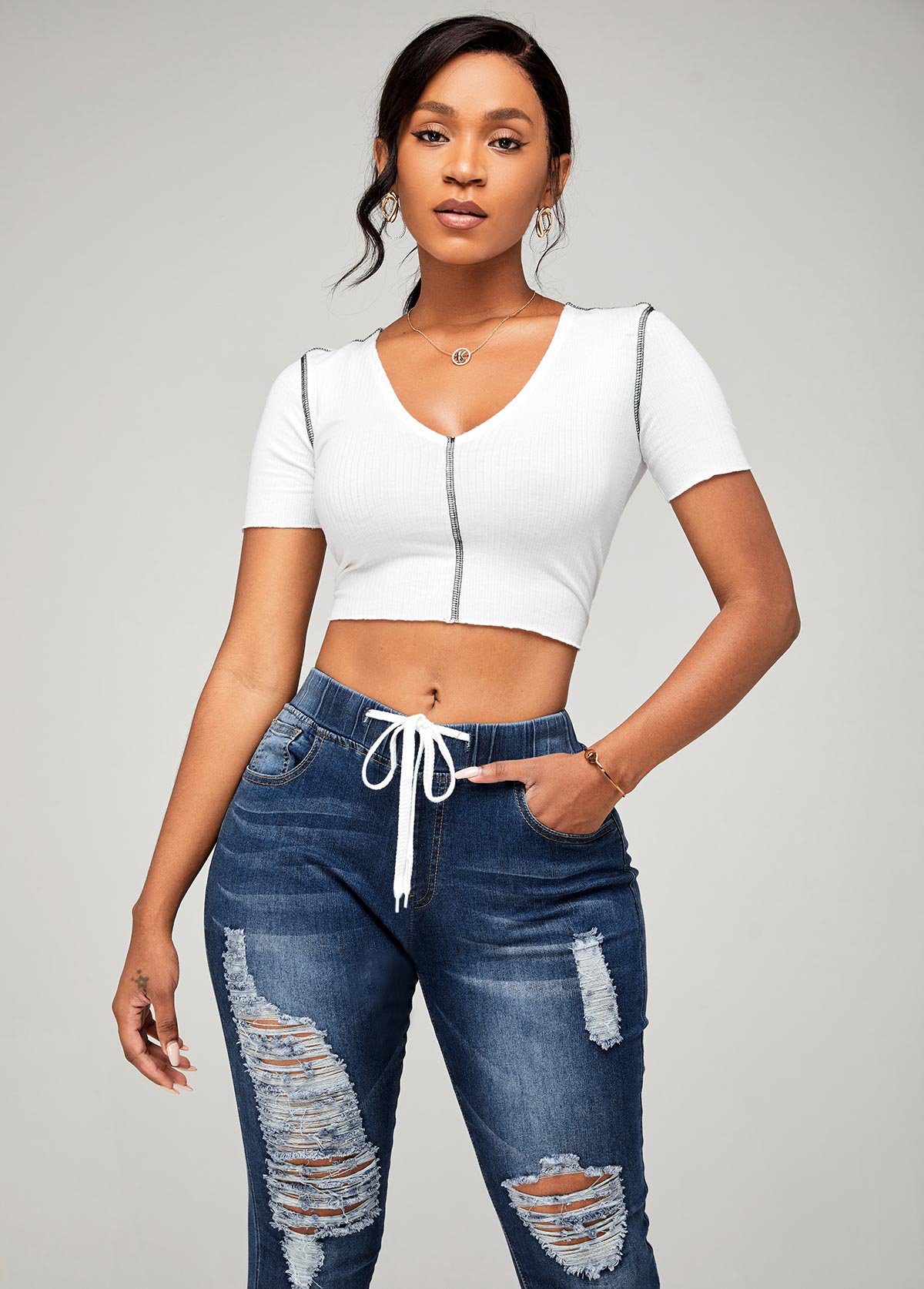 Drawstring Detail Shredded Skinny Mid Waist Jeans